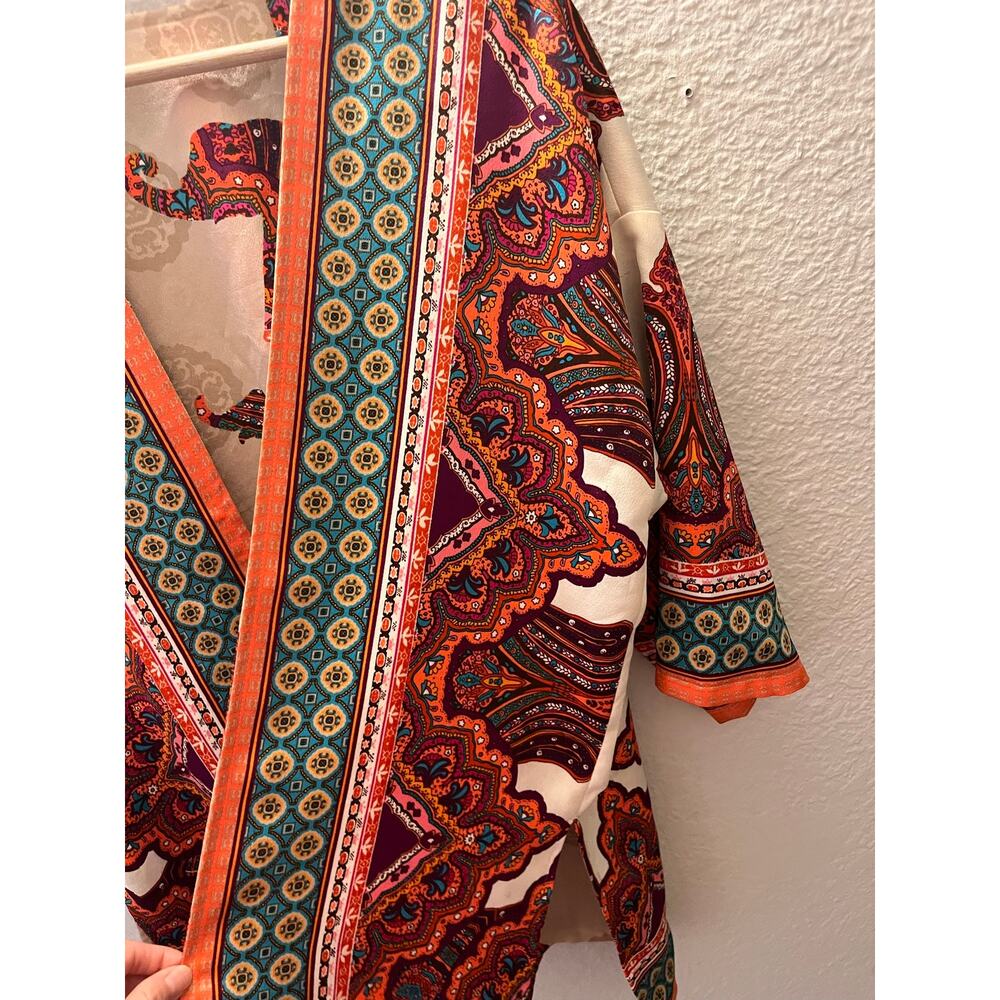 Boho Elephant Print Kimono Cardigan Open Front Paisley Festival Cover Up Large - Picture 3 of 7